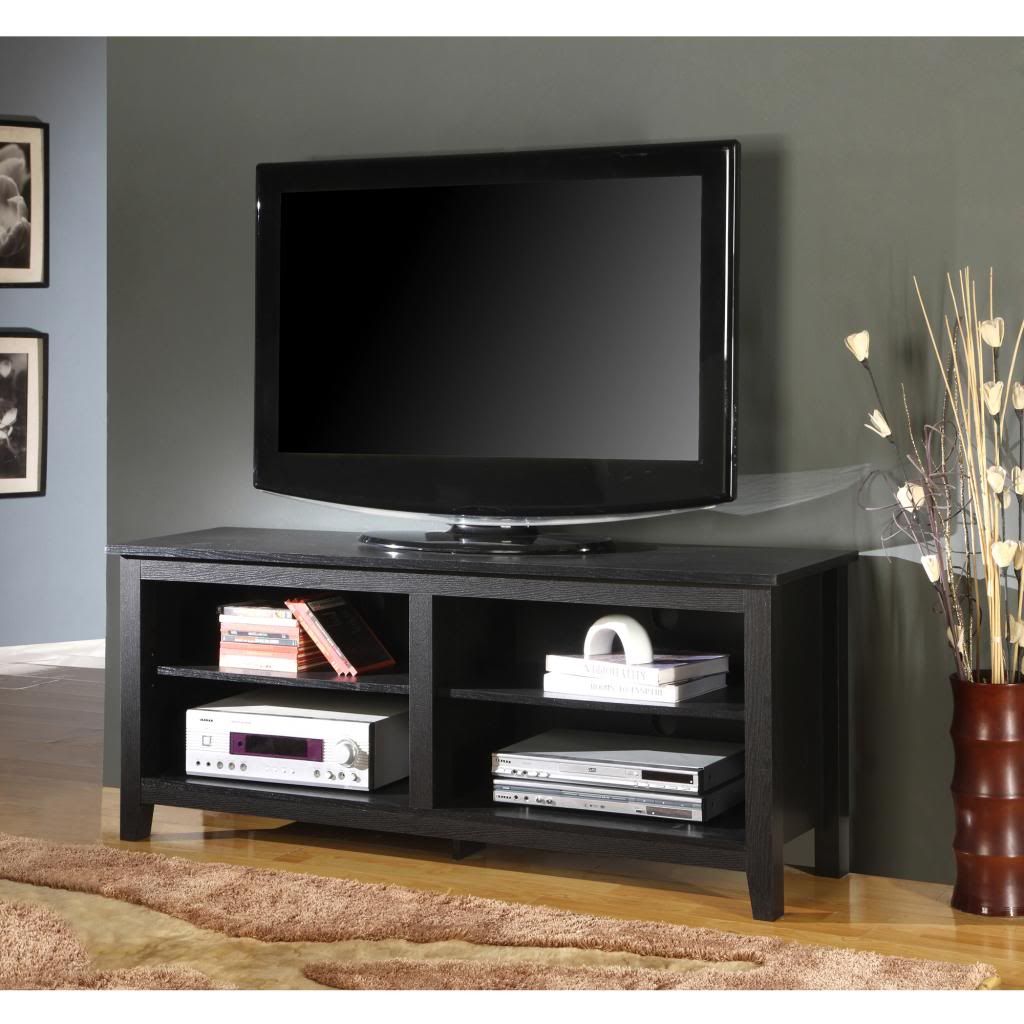 NEW Modern 58"" Wood TV Console Stand, Sleek Open Shelving, Black