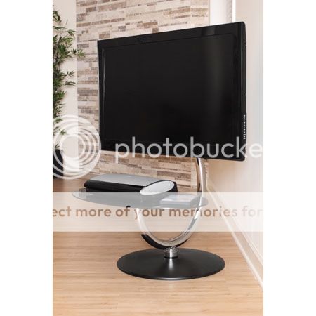 Modern Glass TV Stand Console Sleek Black Glass Shelving Swivels Up to 50"